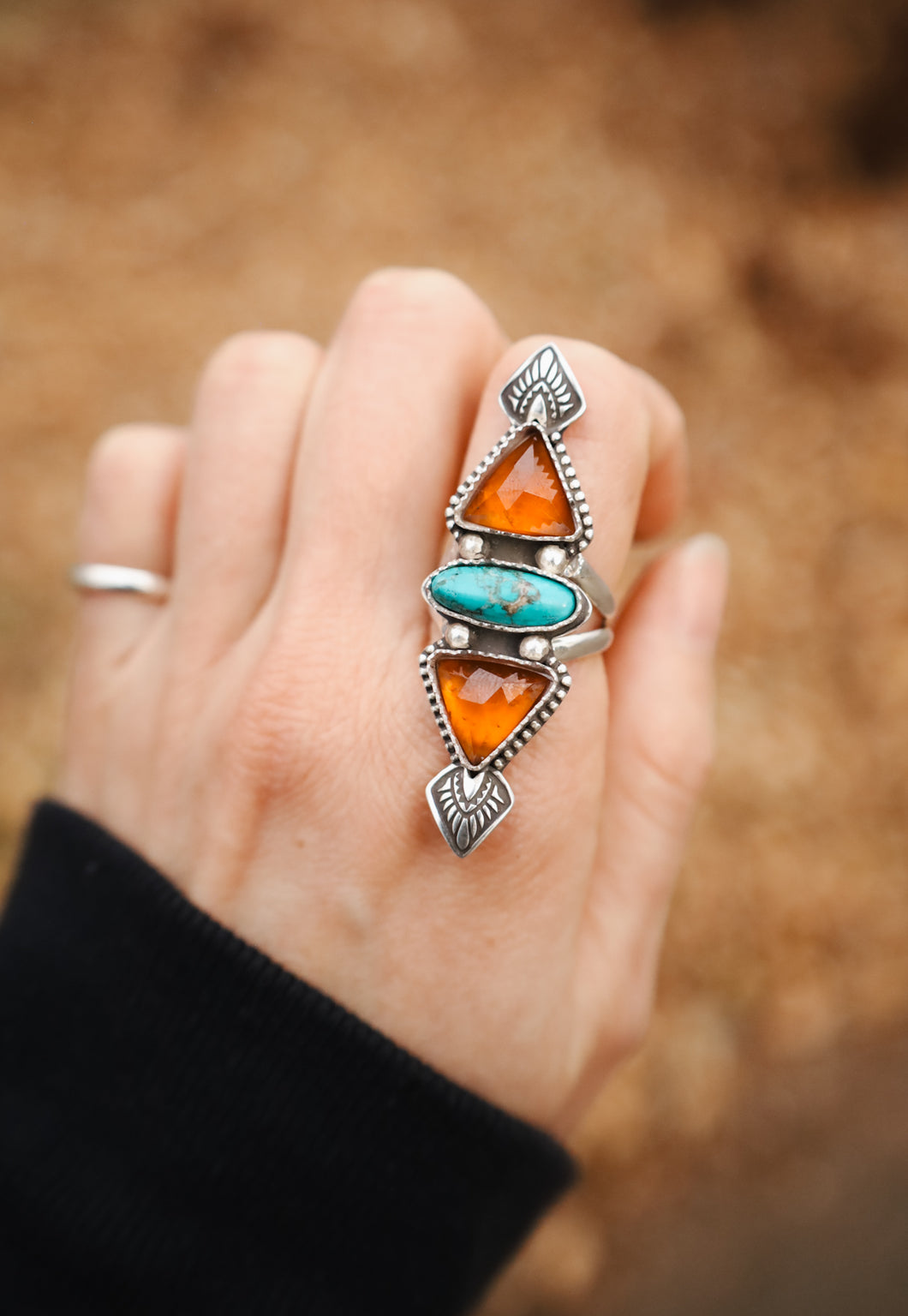 Hessonite Garnet + Turquoise stamped ring